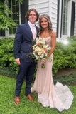 Plunge Neck Blush Pink Sequin Mermaid Long Formal Dress