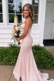 Plunge Neck Blush Pink Sequin Mermaid Long Formal Dress