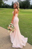 Plunge Neck Blush Pink Sequin Mermaid Long Formal Dress
