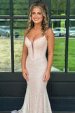Plunge Neck Blush Pink Sequin Mermaid Long Formal Dress
