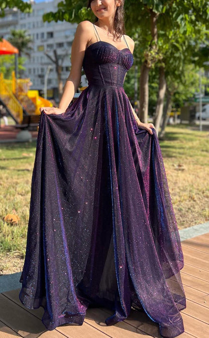 Sparkly Tulle Overlay Spaghetti Strap A Line Corset Prom Dress