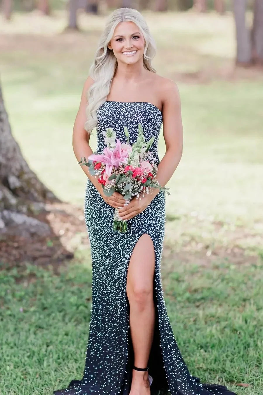 Sparkly Pink Pearl Long Prom Dress Side Slit Graduation Dresses