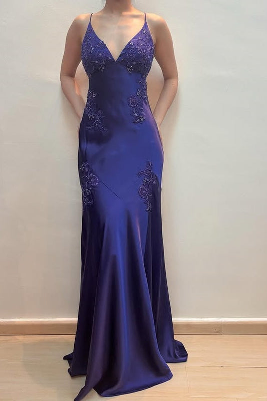 Green V-Neck Appliques Satin Mermaid Party Dress Open Back Evening Gowns