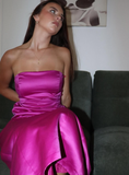 Sheath Strapless Hot Pink Satin Prom Dress Wedding Party Gown