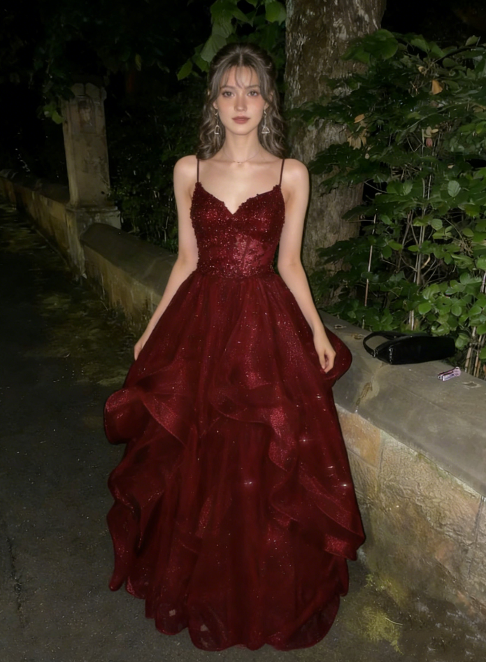 Glamorous Burgundy Spaghetti Strap Ruffled Sweet 15 Quinceanera Ball Gown