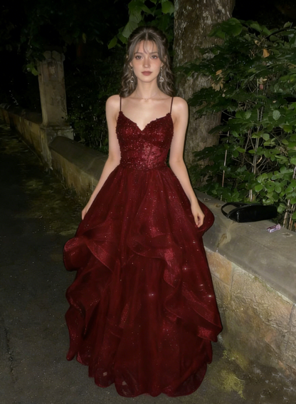 Glamorous Burgundy Spaghetti Strap Ruffled Sweet 15 Quinceanera Ball Gown