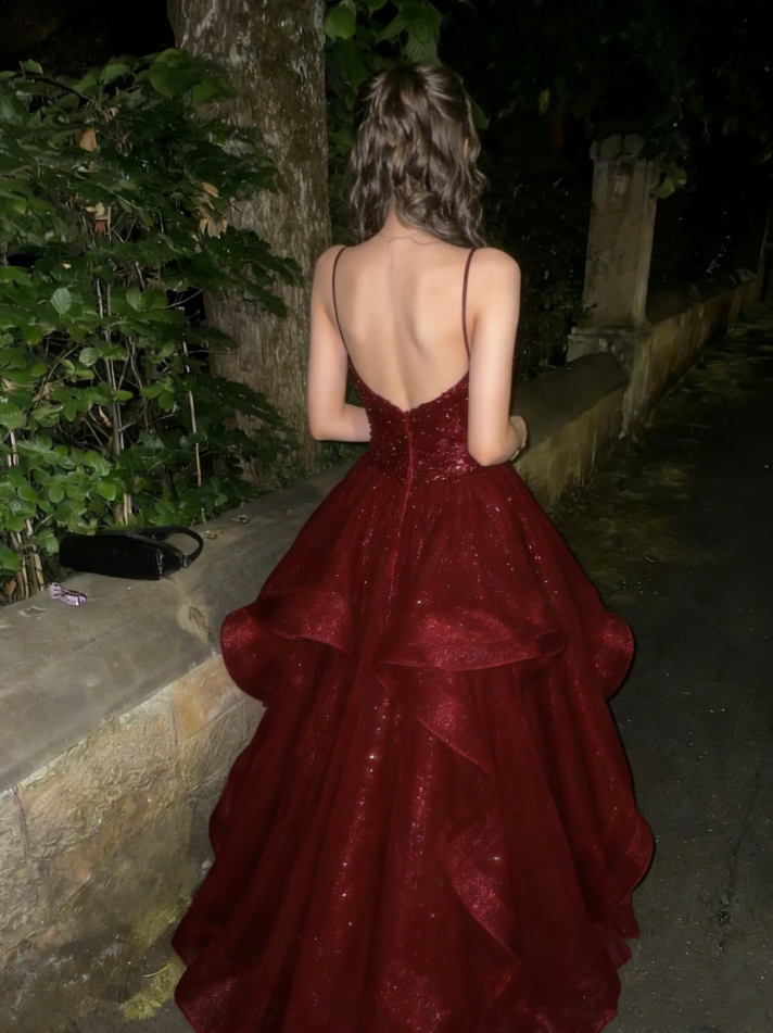 Glamorous Burgundy Spaghetti Strap Ruffled Sweet 15 Quinceanera Ball Gown