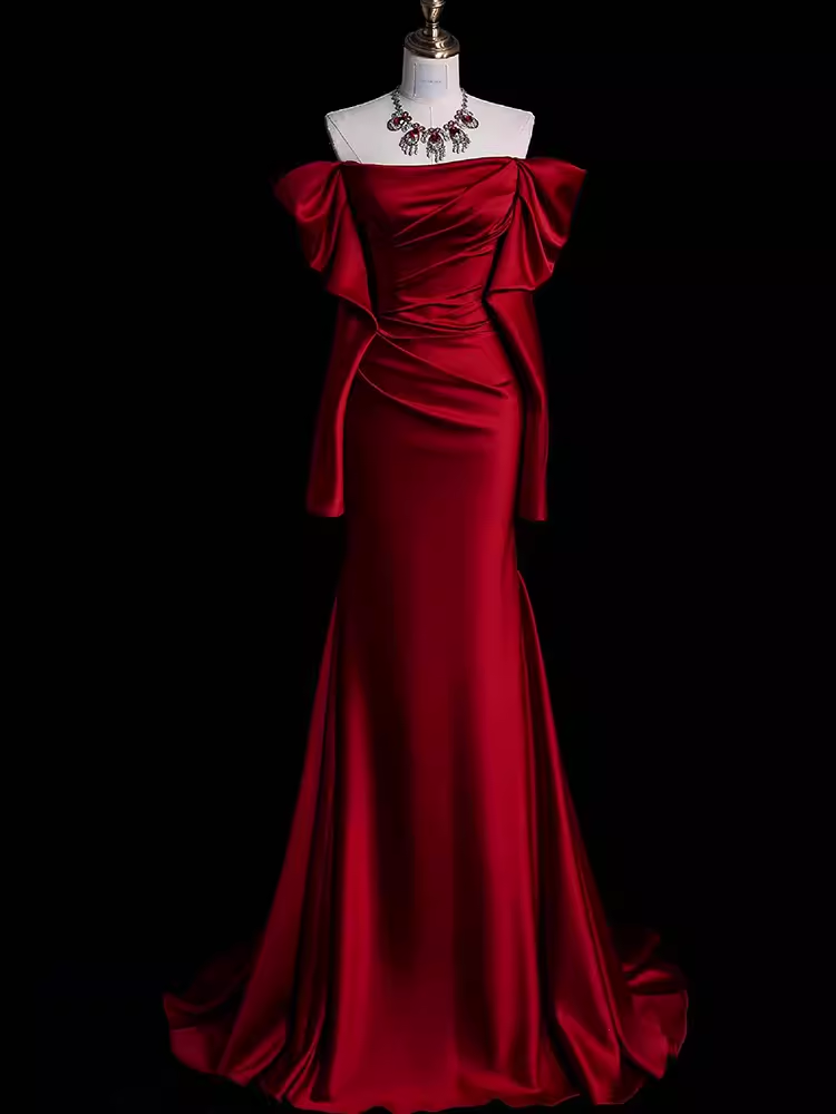 Mermaid Off The Shoulder Burgundy Long Satin Prom Dresses Elegant