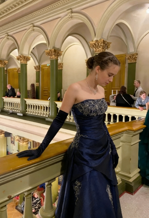 Vintage Navy Blue Exquisite Floral Long Satin Ball Gown Evening Dress