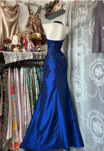 Vintage Halter Mermaid Long Prom Dresses Beaded Satin Blue Evening Dress Birthday Gown