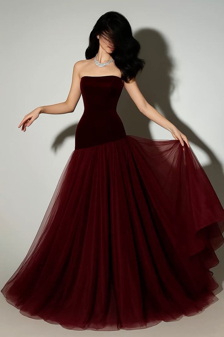 Vintage Mermaid Strapless Burgundy Tulle Long Prom Dresses 20th Birthday Outfits Evening Gown
