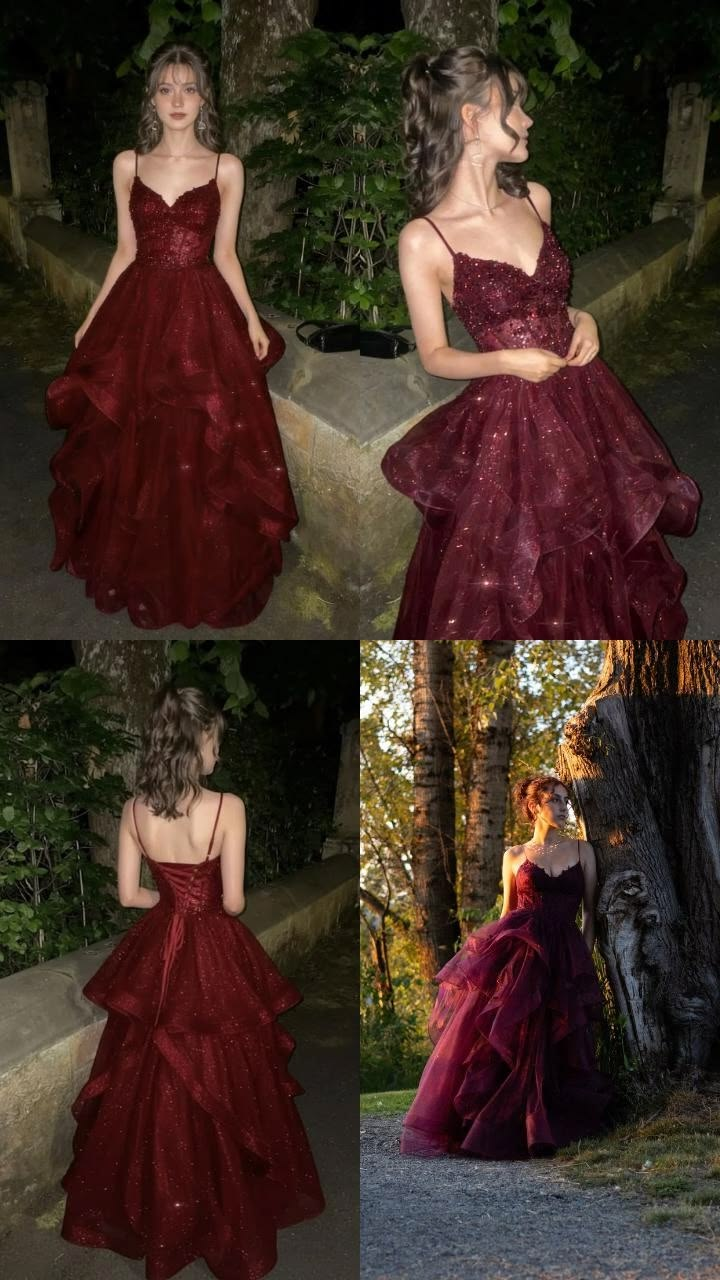 Vintage Spaghetti Straps Burgundy Long Party Dress Tiered Ruffles and Glitter Tulle