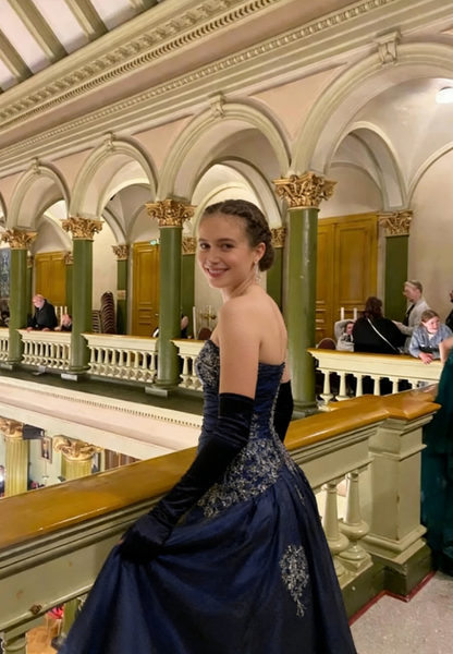 Vintage Navy Blue Exquisite Floral Long Satin Ball Gown Evening Dress