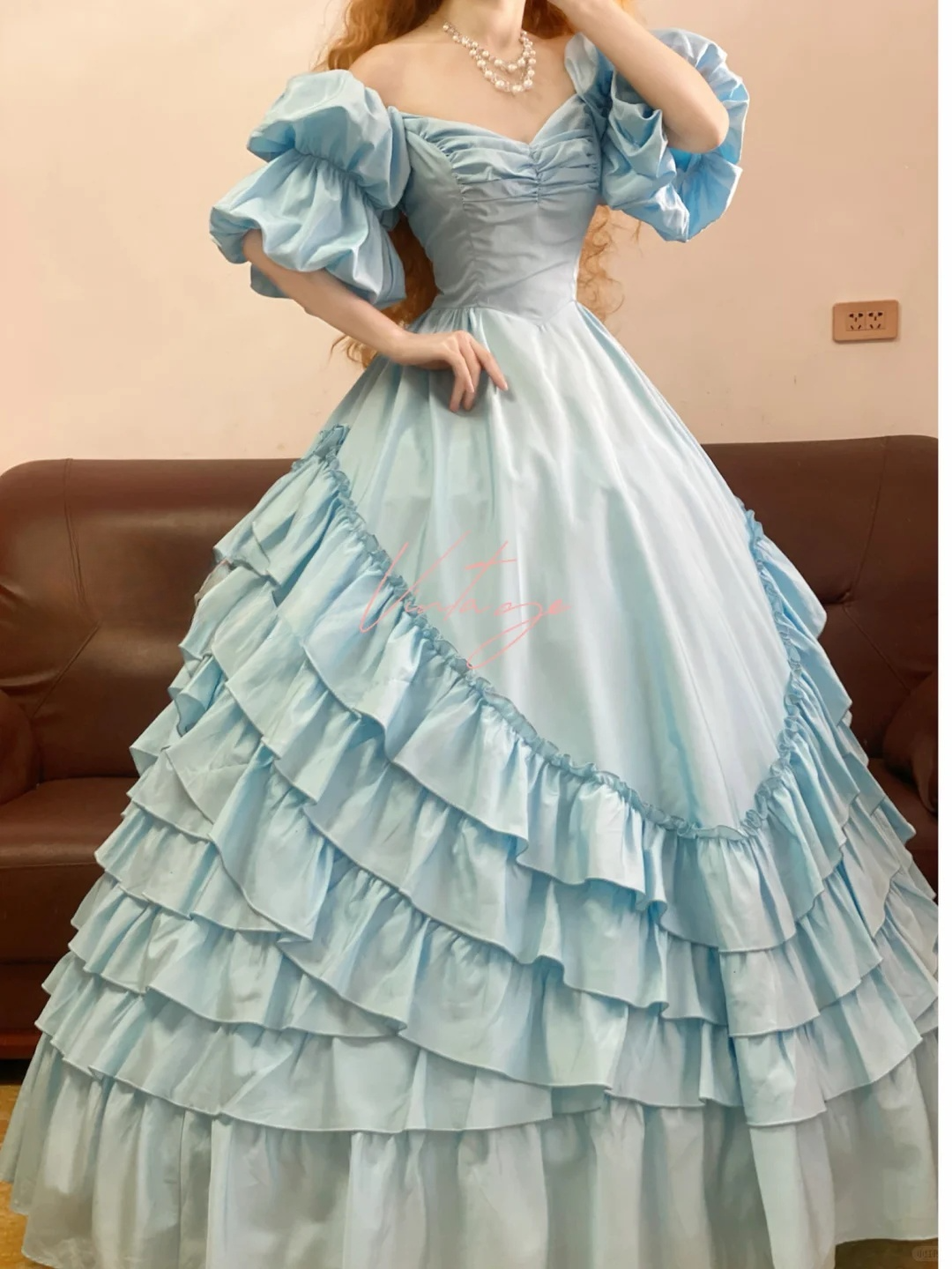 Vintage Blue Ball Gown Layered Satin Prom Dress 16th Birthday Dresses