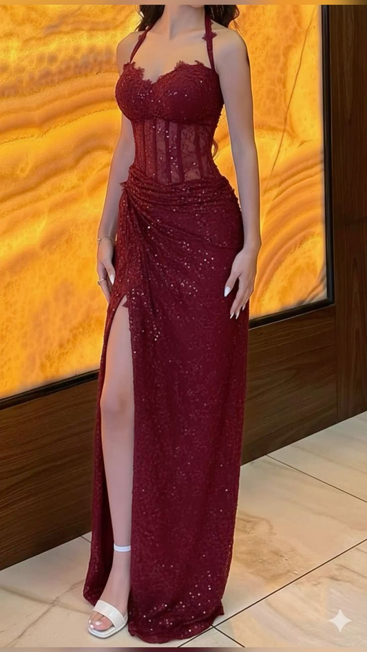 Spaghetti Strap Sequin Dress Corset Bodice High Leg Slit Birthday Prom Dresses