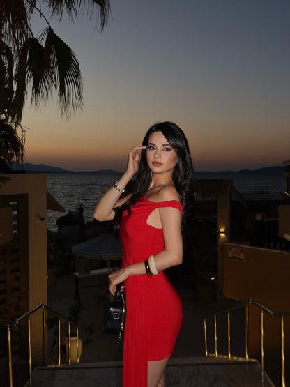 Red Mini Dress Asymmetrical One-shoulder Dramatic Cascading Waist Sash