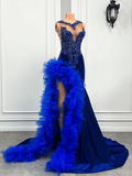 Royal Blue Mermaid Prom Dress Ruffled Evening Dresses with Slit