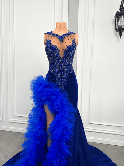 Royal Blue Mermaid Prom Dress Ruffled Evening Dresses with Slit – jkprom