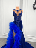 Royal Blue Mermaid Prom Dress Ruffled Evening Dresses with Slit