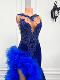 Royal Blue Mermaid Prom Dress Ruffled Evening Dresses with Slit