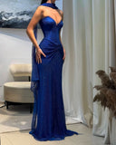 Glitter Royal Blue V-Neck Ruched Prom Dress Long Graduation Gown