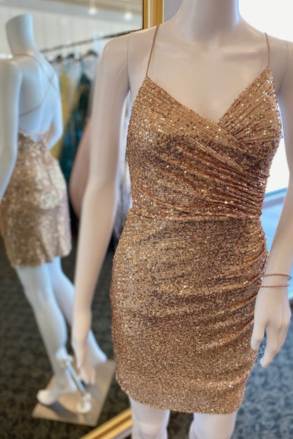 Ruched Golden Sequin Tight Short Prom Dress Cocktail Gown