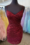 Ruched Golden Sequin Tight Short Prom Dress Cocktail Gown