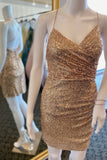 Ruched Golden Sequin Tight Short Prom Dress Cocktail Gown