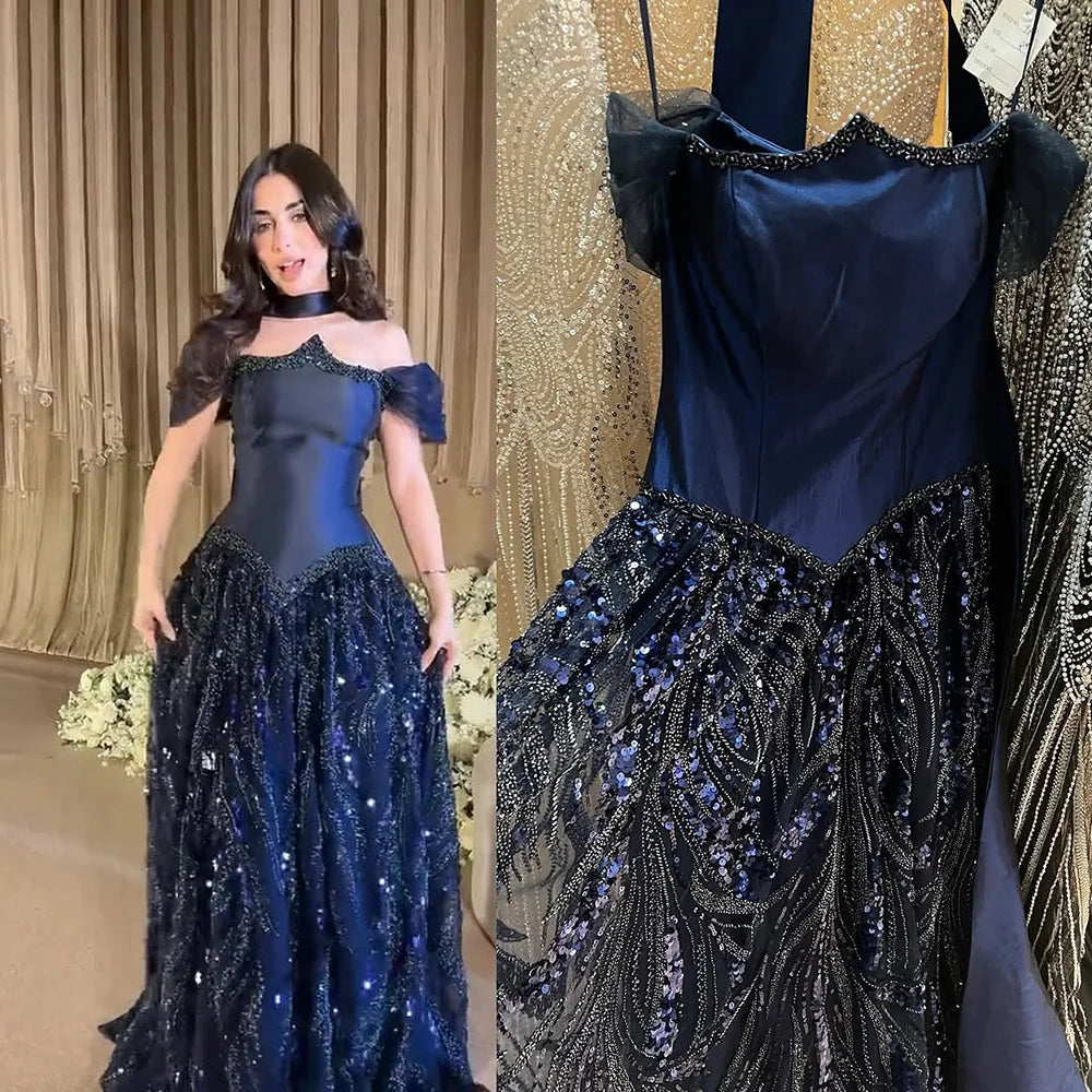 Luxury Arabic Navy A-Line Evening Dress Elegant Party Womens Dresses