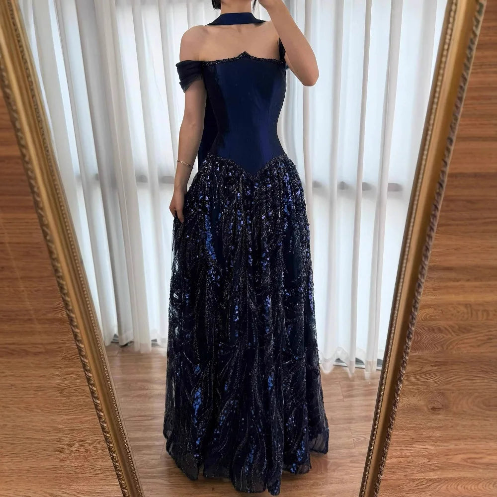 Luxury Arabic Navy A-Line Evening Dress Elegant Party Womens Dresses