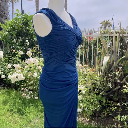 Vintage Mermaid V Neck Navy Blue Prom Outfit Floor Length Formal Dress Woman Elegant