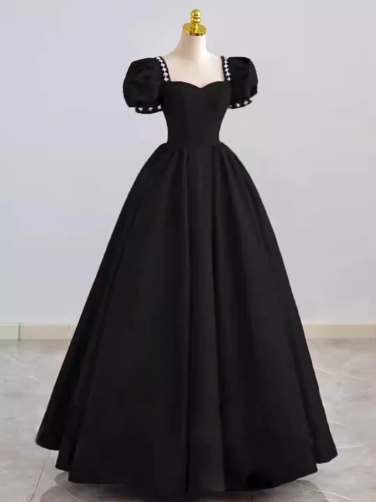 Vintage Ball Gown Satin Black Long Prom Dress Wedding Party Dresses