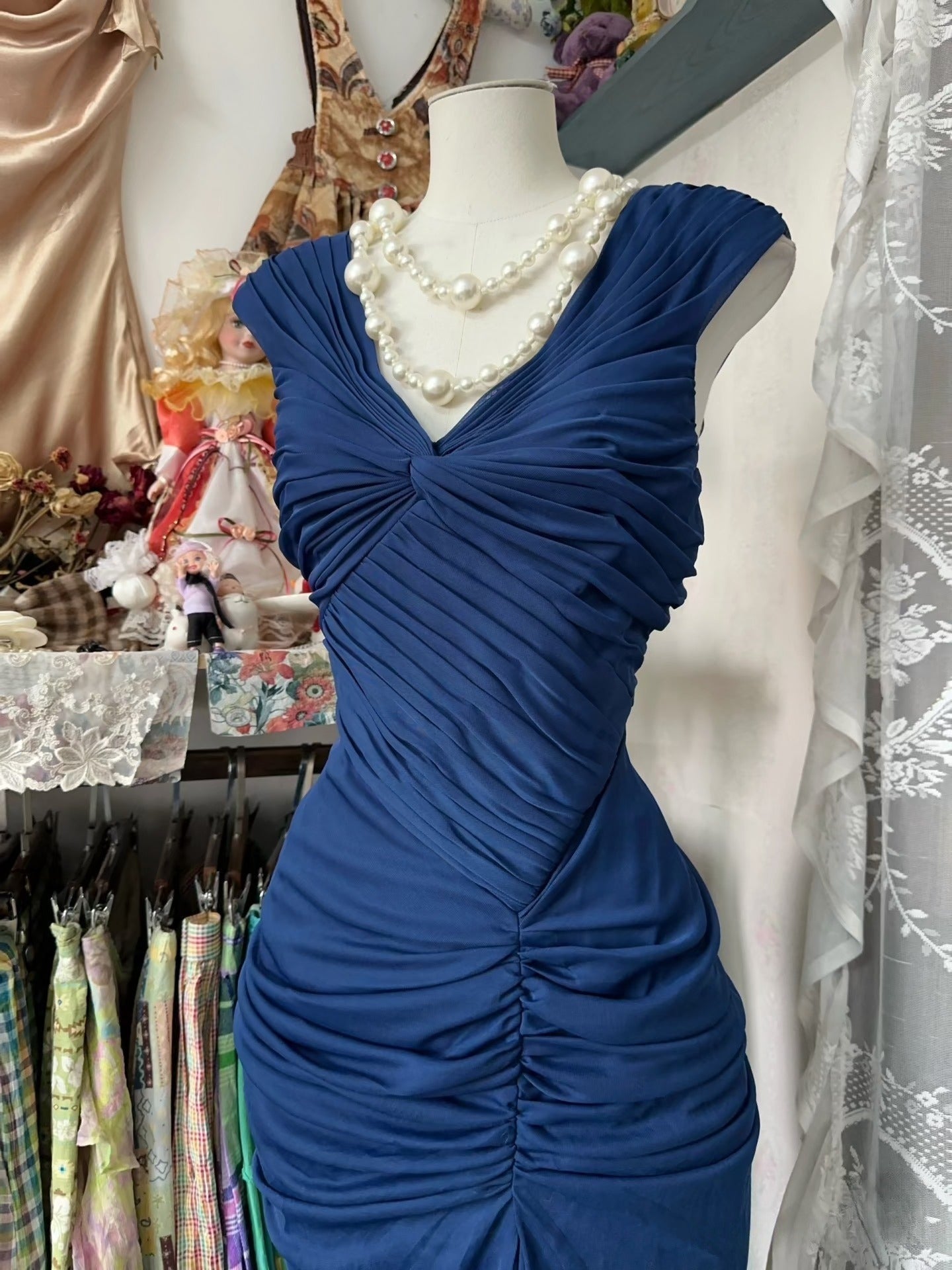 Vintage Mermaid V Neck Navy Blue Prom Outfit Floor Length Formal Dress Woman Elegant