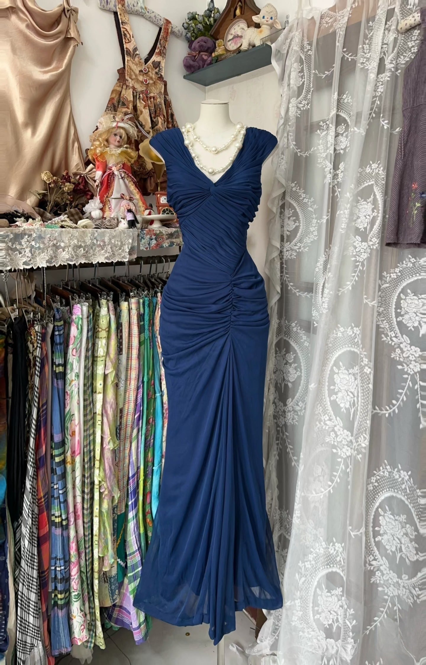 Vintage Mermaid V Neck Navy Blue Prom Outfit Floor Length Formal Dress Woman Elegant
