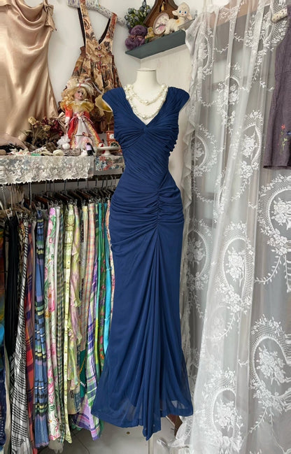 Vintage Mermaid V Neck Navy Blue Prom Outfit Floor Length Formal Dress Woman Elegant