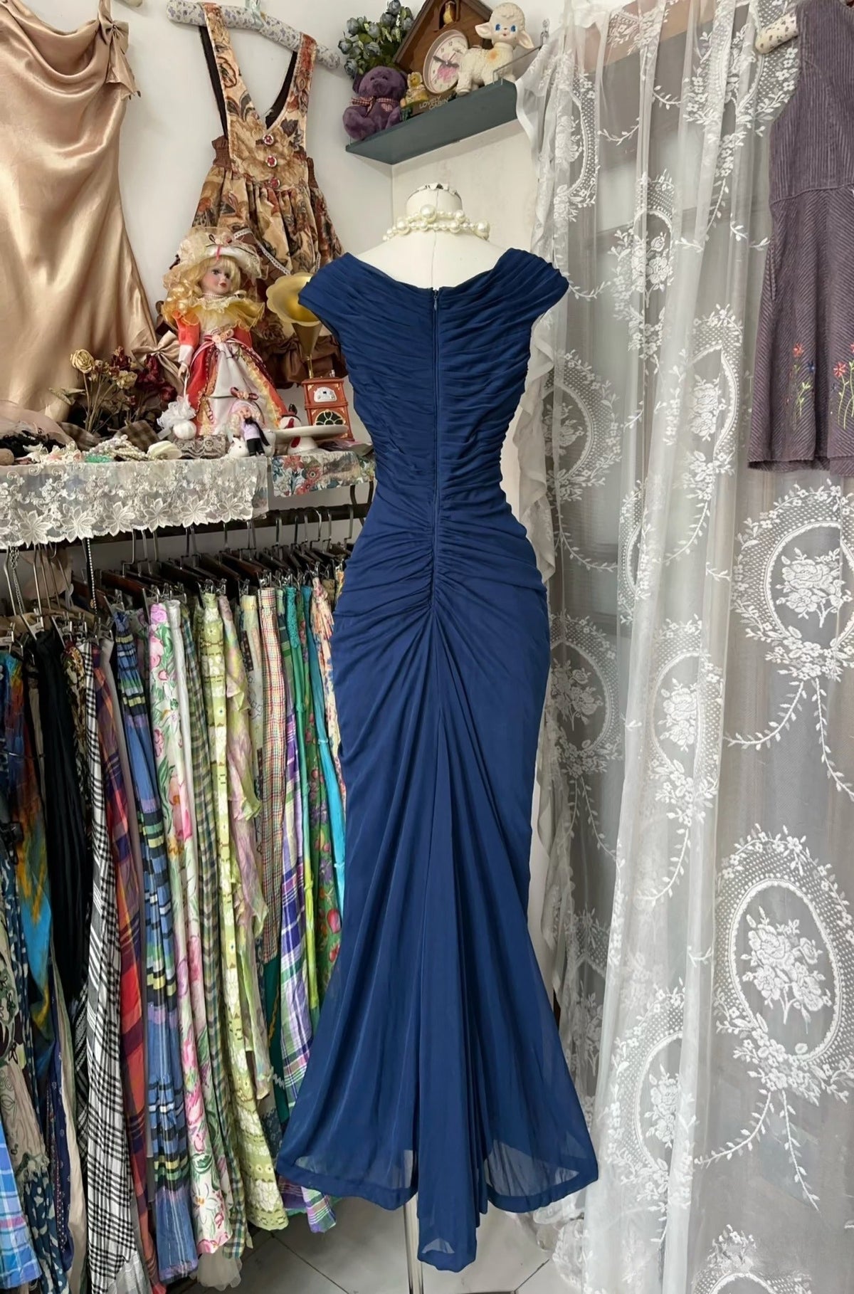 Vintage Mermaid V Neck Navy Blue Prom Outfit Floor Length Formal Dress Woman Elegant