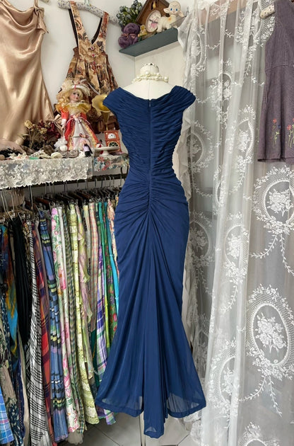 Vintage Mermaid V Neck Navy Blue Prom Outfit Floor Length Formal Dress Woman Elegant