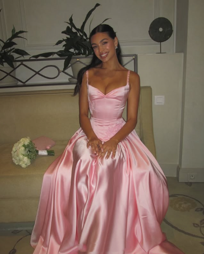 Elegant A Line Spaghetti Straps Satin Long Pink Evening Dress Prom Gown