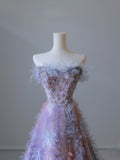 Pretty A line Strapless Tulle Long Prom Dress Formal Evening Dresses