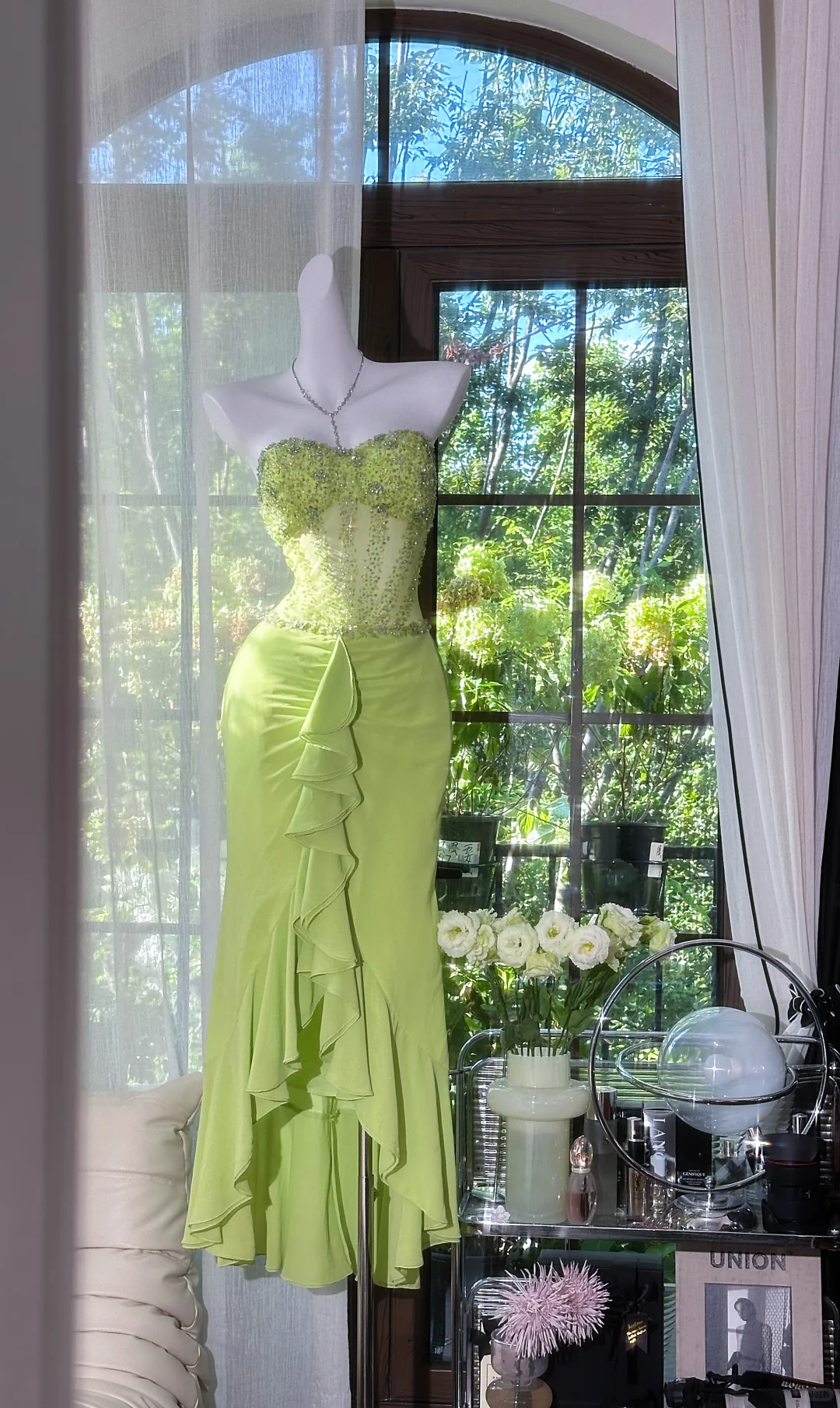 Classy Green Mermaid Evening Dresses Sweetheart Neck Beaded Ruffle Chiffon Prom Outfit