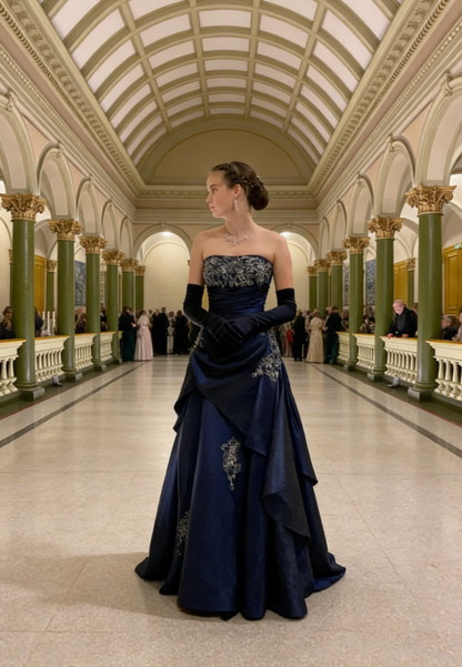 Vintage Navy Blue Exquisite Floral Long Satin Ball Gown Evening Dress