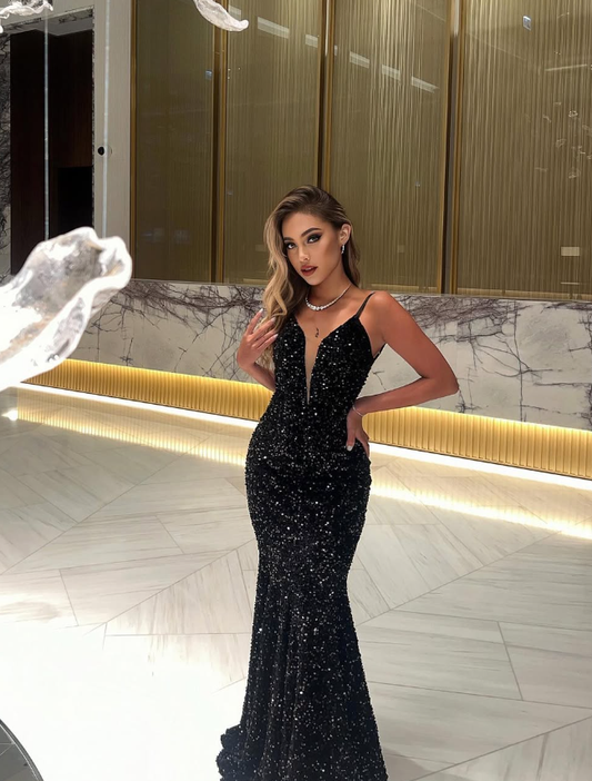 Unique Mermaid Black Sequin Long Prom Dress Maxi Dresses