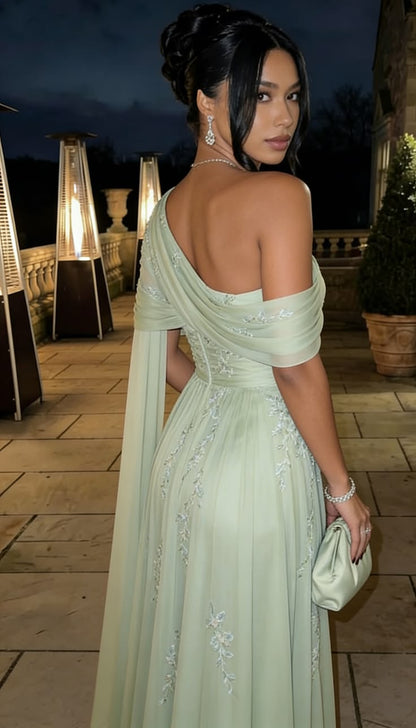 Light Green One Shoulder Fitted Formal Evening Gown with Intricate Embroidery