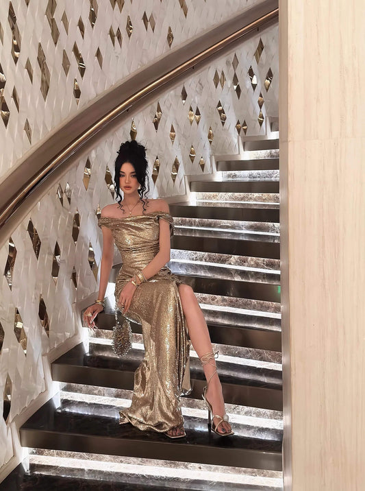 Sparkly Champagne Sequin Prom Dresses Mermaid Long Open Backs Maxi Gown with Slit