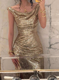 Sparkly Champagne Sequin Prom Dresses Mermaid Long Open Backs Maxi Gown with Slit