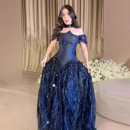 Luxury Arabic Navy A-Line Evening Dress Elegant Party Womens Dresses