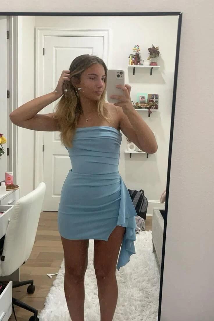 Strapless Light Blue Draped Mini Dress Homecoming Dresses Short
