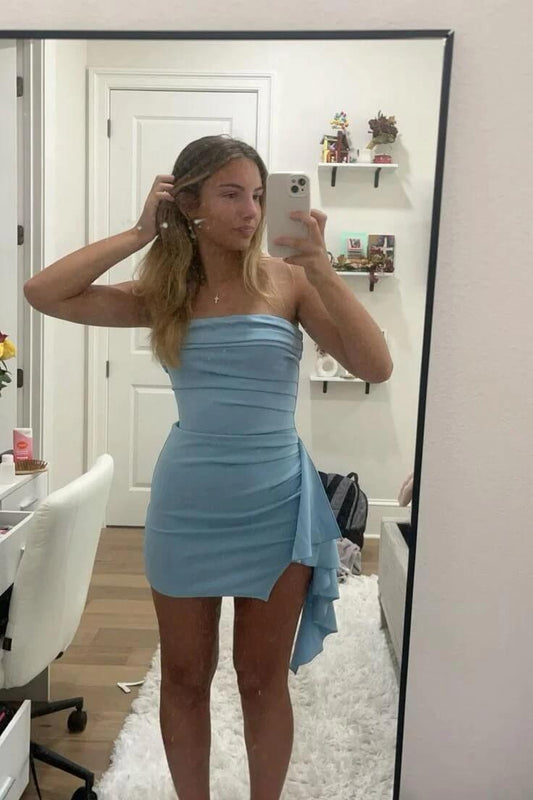 Strapless Light Blue Draped Mini Dress Homecoming Dresses Short