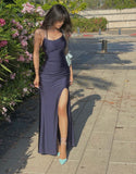 Simple Navy Blue Mermaid Prom Dress Split Graduation Tight Long Dresses