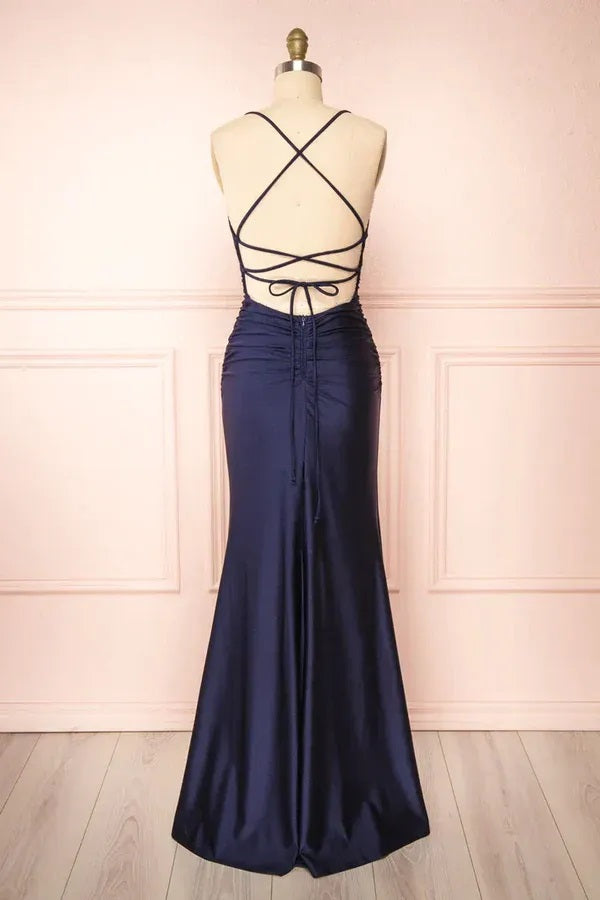 Simple Navy Blue Mermaid Prom Dress Split Graduation Tight Long Dresse –  jkprom